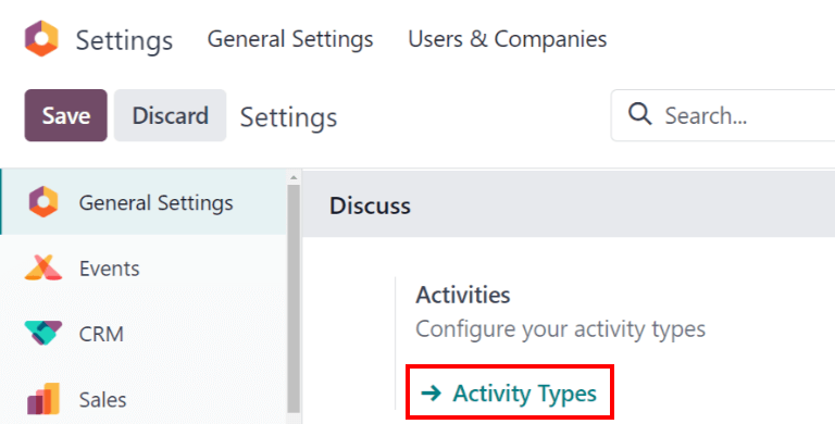 Activity Types button in the Settings application under the Discuss section.