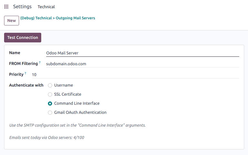 การเพิ่มเซิร์ฟเวอร์อีเมลโดยใช้เซิร์ฟเวอร์อีเมลของ Odoo พร้อมการตรวจสอบสิทธิ์ CLI