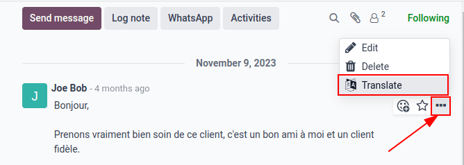Google Translate ปรากฏในช่องแชทของฐานข้อมูล Odoo
