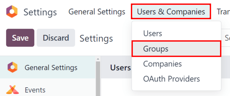 เมนูกลุ่มในส่วนของผู้ใช้และบริษัทในแอปการตั้งค่าของ Odoo