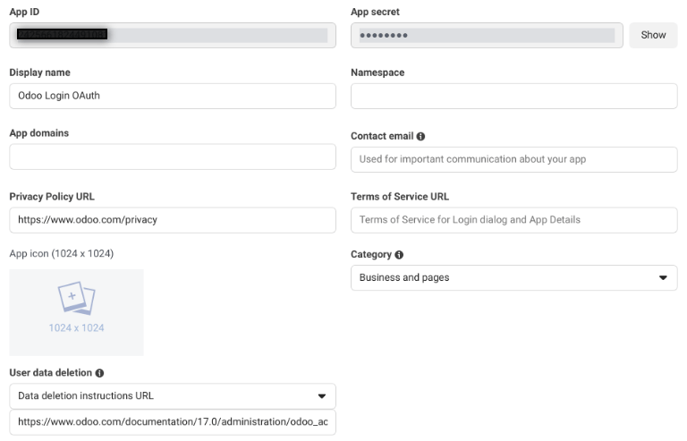 ตัวอย่างหน้าการตั้งค่าพื้นฐานในแพลตฟอร์ม Meta สำหรับนักพัฒนา