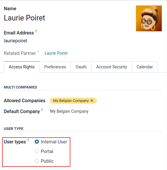 มุมมองแบบฟอร์มของผู้ใช้ในโหมดนักพัฒนาโดยเน้นที่ช่องประเภทผู้ใช้ใน Odoo