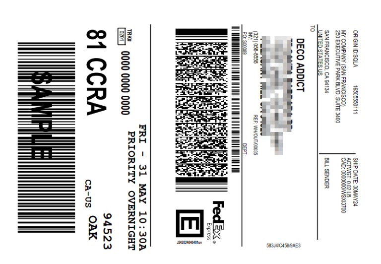 แสดงตัวอย่างฉลากผู้ให้บริการขนส่งของ FedEx