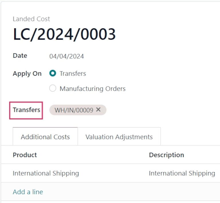 Landed cost form with selected receipt transfer.