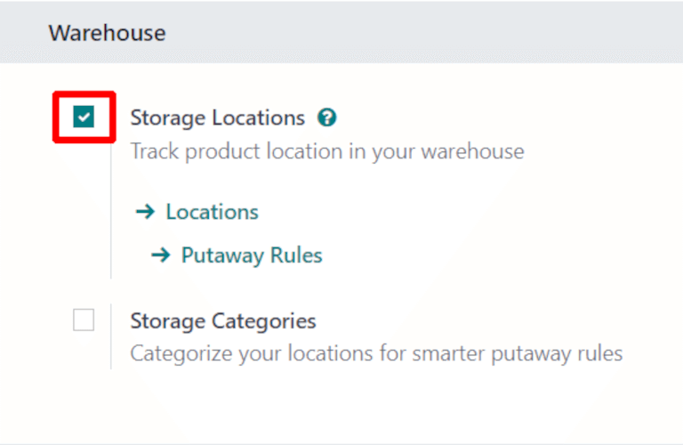 Enabled Storage Locations setting in inventory settings.