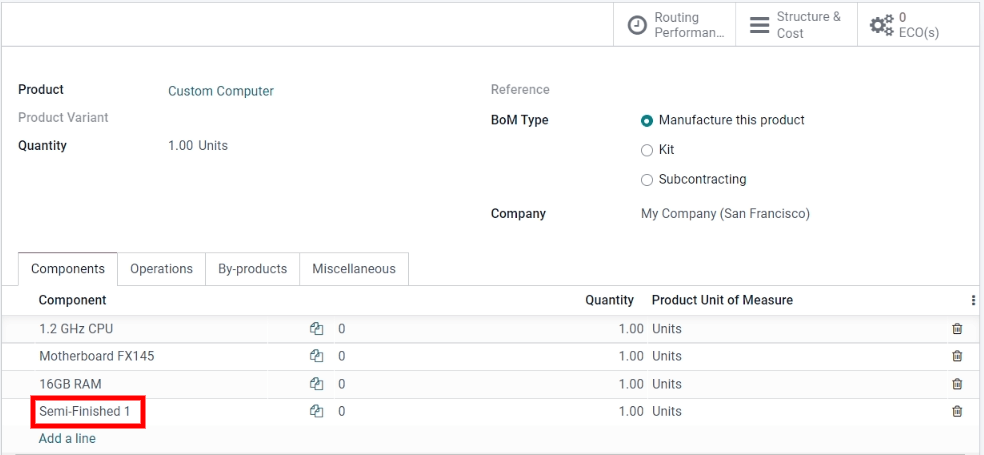 A bill of materials for a top-level product, containing a subassembly component.