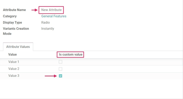 Product variant attribute configuration screen.