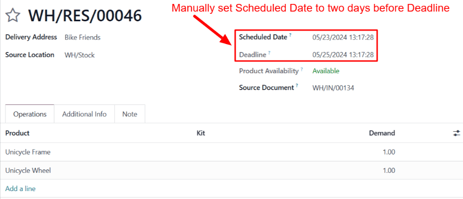 The Scheduled Date and Deadline fields on a resupply subcontractor order.