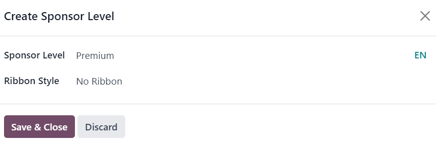 The Create Sponsor Level pop-up window that appears in the Odoo Events application.