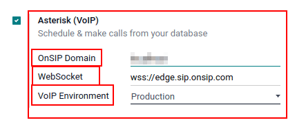 VoIP configuration settings in Odoo Settings app.