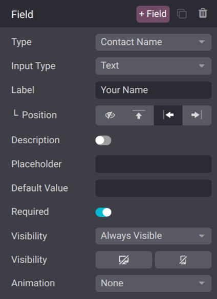 The field configuration settings on an Odoo website.