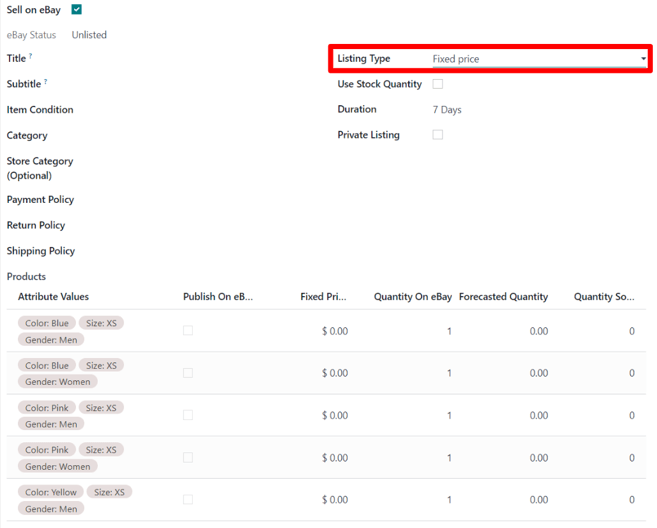 The fixed price listing type in the eBay tab on a product form in Odoo sales.