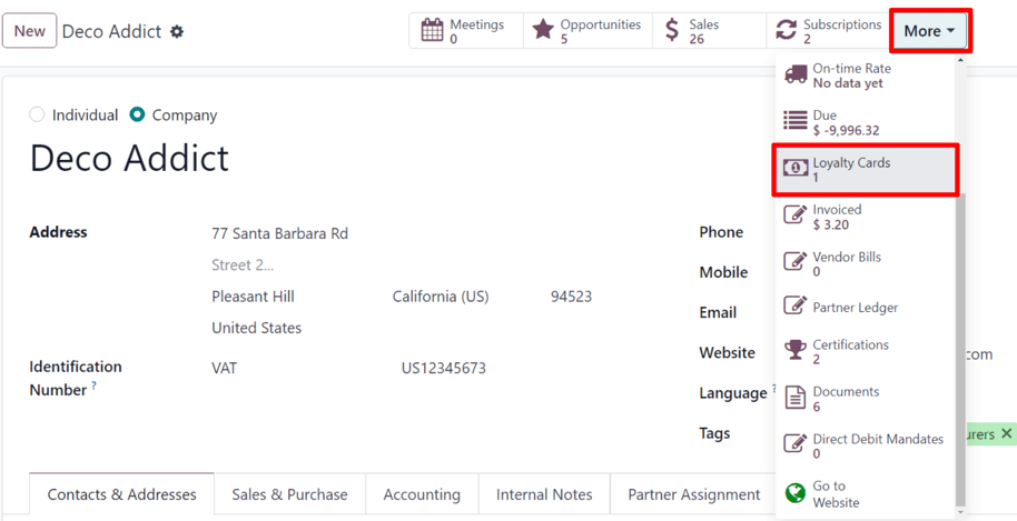 The Loyalty Card smart button as it appears on a contact form in Odoo 17.