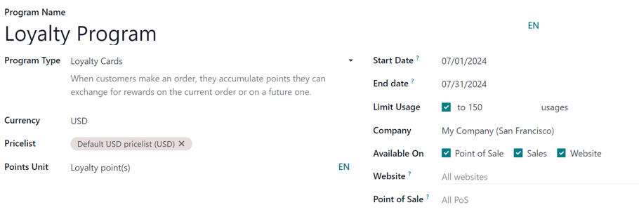 Program options on the loyalty program form.