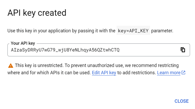 The API key created pop-up window that appears.