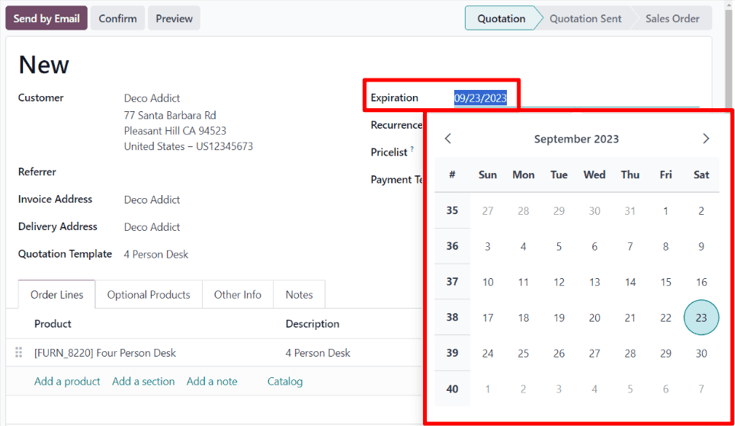 The expiration field on a standard quotation form in Odoo Sales.