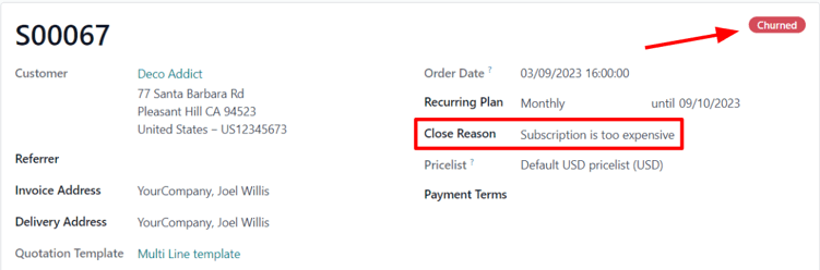 A churned sales order for a closed subscription in Odoo Subscriptions.