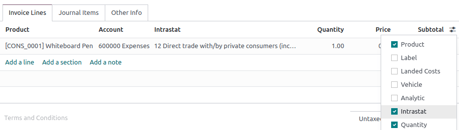 在发票或账单中添加 Intrastat 栏