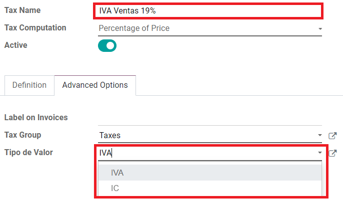 Odoo “高级选项” 选项卡中的 ICA、IVA 和 Fuente 字段。