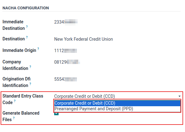 NACHA settings with the standard entry class code drop-down menu highlighted.