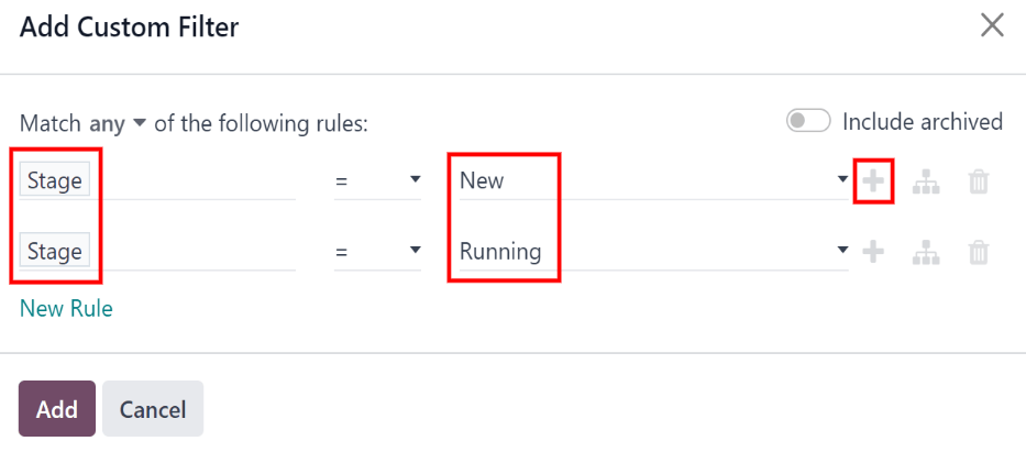 The filter settings to be added to only display new and running services.