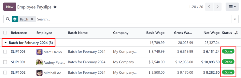 View all payslips organized by batches. Click on the arrow to expand each batch.