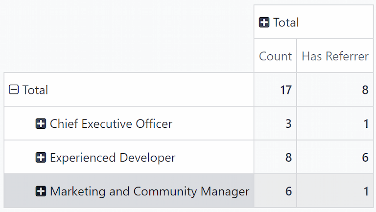 The detailed pivot table view displaying the number of referrals and the total applicants.