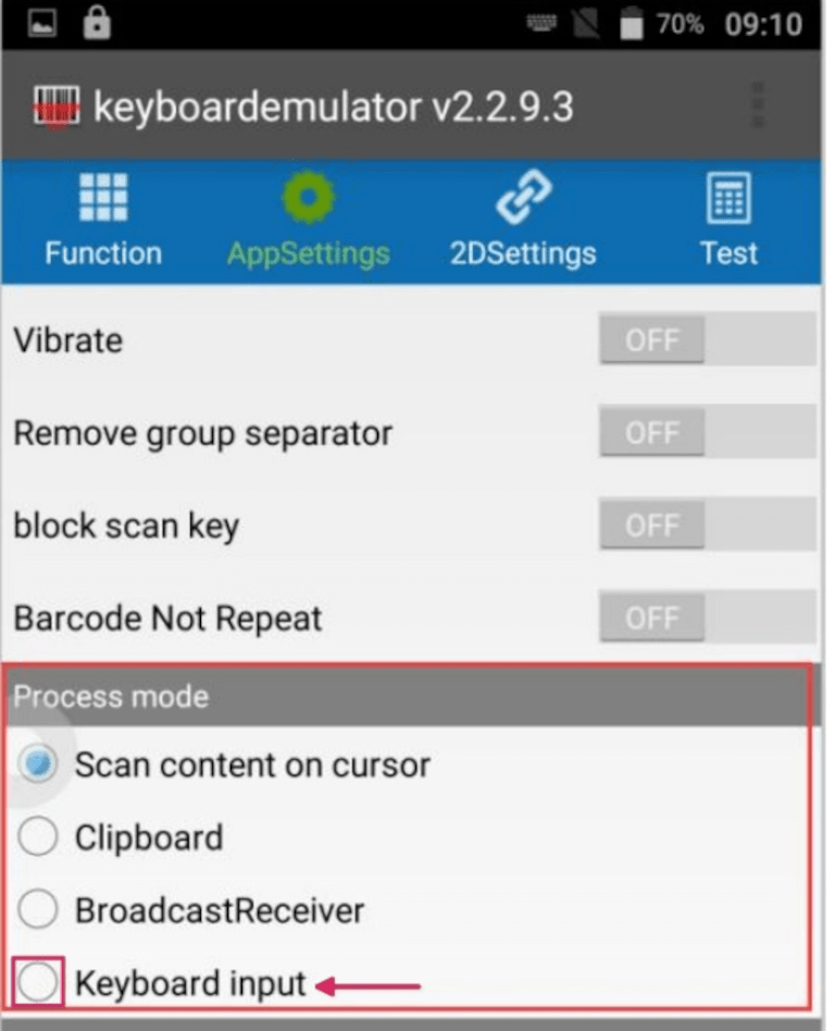 MUNBYN 扫描仪的 AppSettings 页面上的处理模式部分。