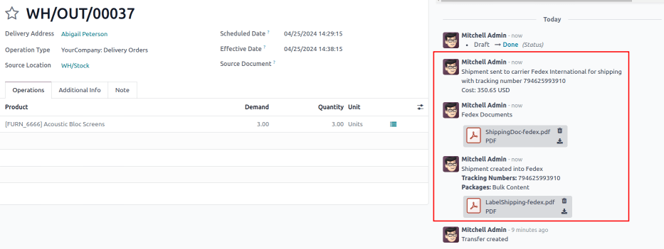 在沟通栏中显示生成的送货标签。