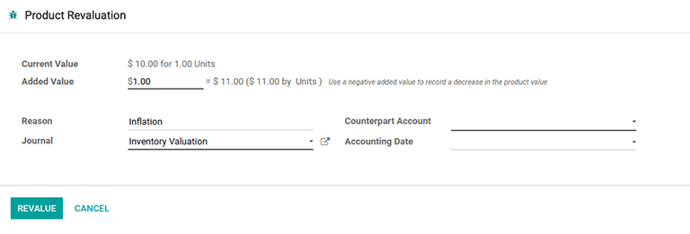 Product revaluation form adding a value of $1.00 with the reason being inflation.