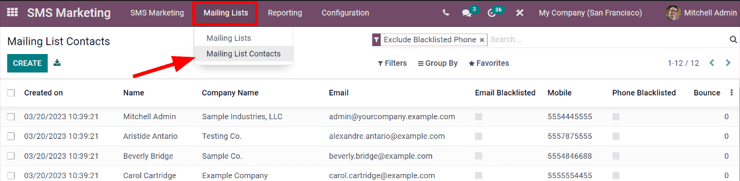 查看 Odoo 短信营销应用程序中的邮件列表联系页面。