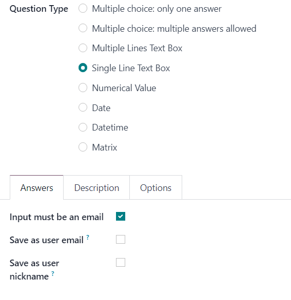 Odoo 调查中的单行文本框问题类型答案选项卡。