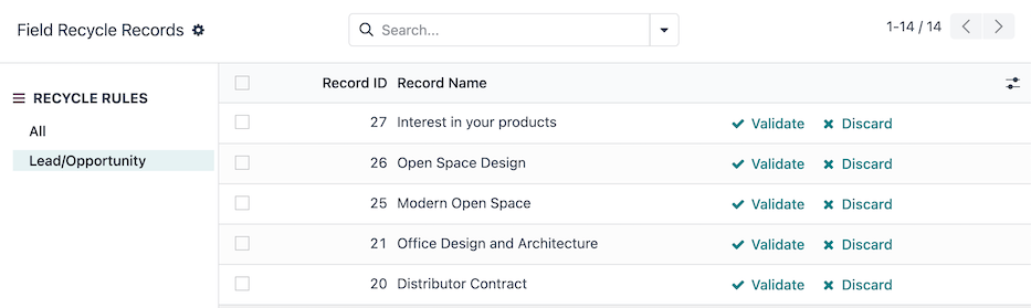 Field Recycle Records dashboard in the Data Cleaning application.