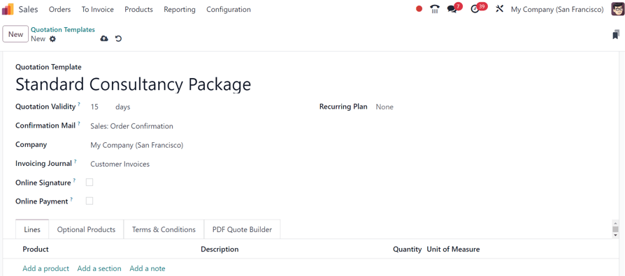 Create a new quotation template on Odoo Sales.