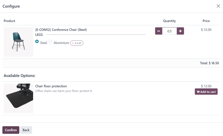 The product configurator pop-up window that appears on a quotation or sales order.