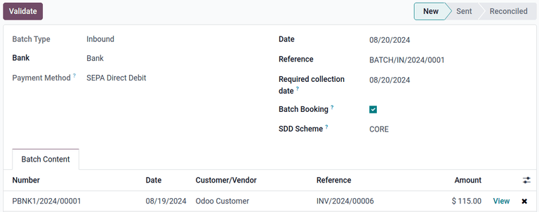 The batch payment form containing the selected payments.