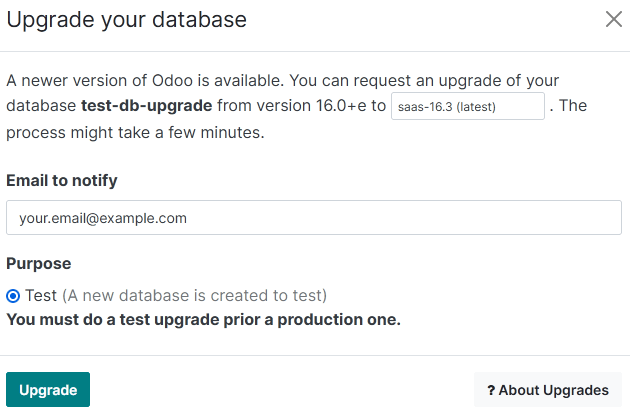 De pop-up 'Upgrade jouw database'.