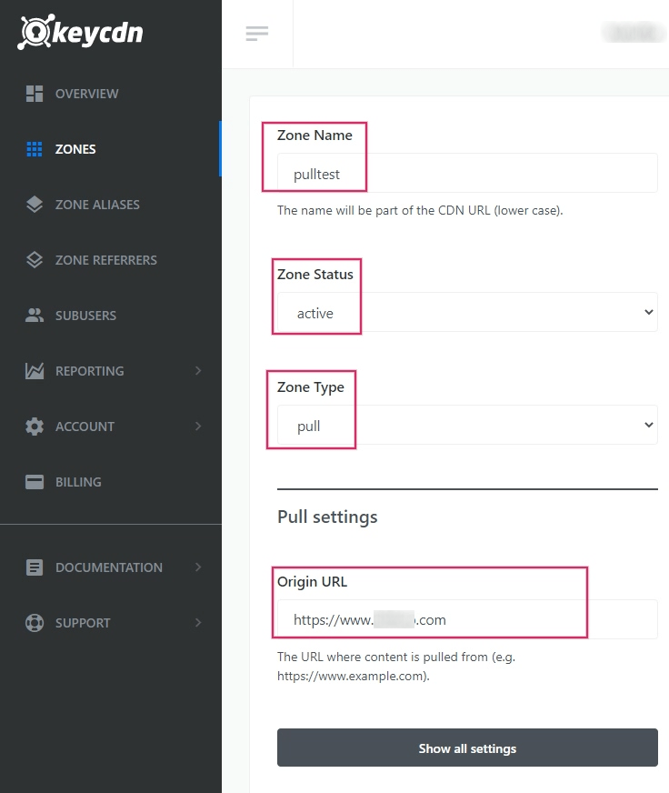 KeyCDN's Zone configuratie pagina.