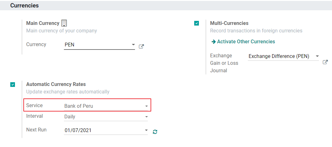 Bank of Peru is displayed in Multicurrency Service option