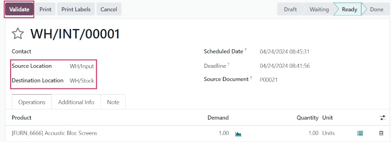 Internal transfer form for products ordered from vendor.