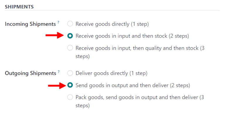 Incoming and outgoing shipments set to two-step on warehouse form.