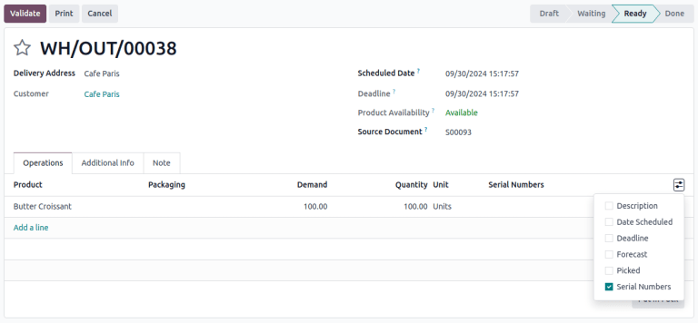 Allow Serial Numbers field to show on a receipt or delivery order.