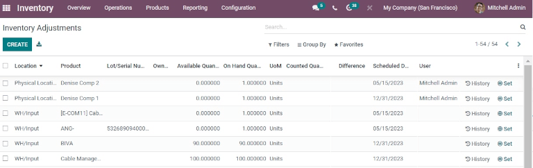 In stock products listed on the Inventory adjustments page.