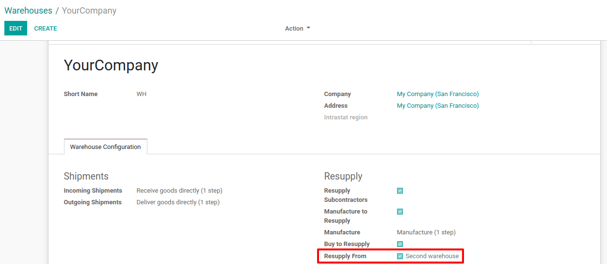 Supply one warehouse with another in the Warehouse Configuration tab.