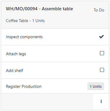 A work order card on a work center page in the Shop Floor module.