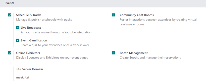 The Events section on the Odoo Events settings page in the Odoo Events application.