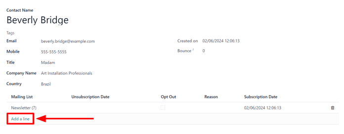 The Add a line for mailing lists on a standard contact form in Odoo Email Marketing.