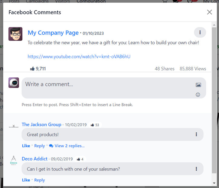 Sample of a social media post's pop-up window in Odoo Social Marketing application.