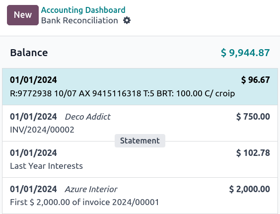 A "STATEMENT" button is visible when hovering on the line separating two transactions.