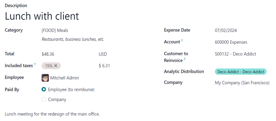 A filled in expense form for a client lunch.